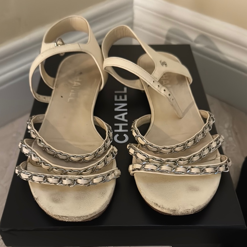 Chanel Cream Luxe Sandals with Chain Detail
